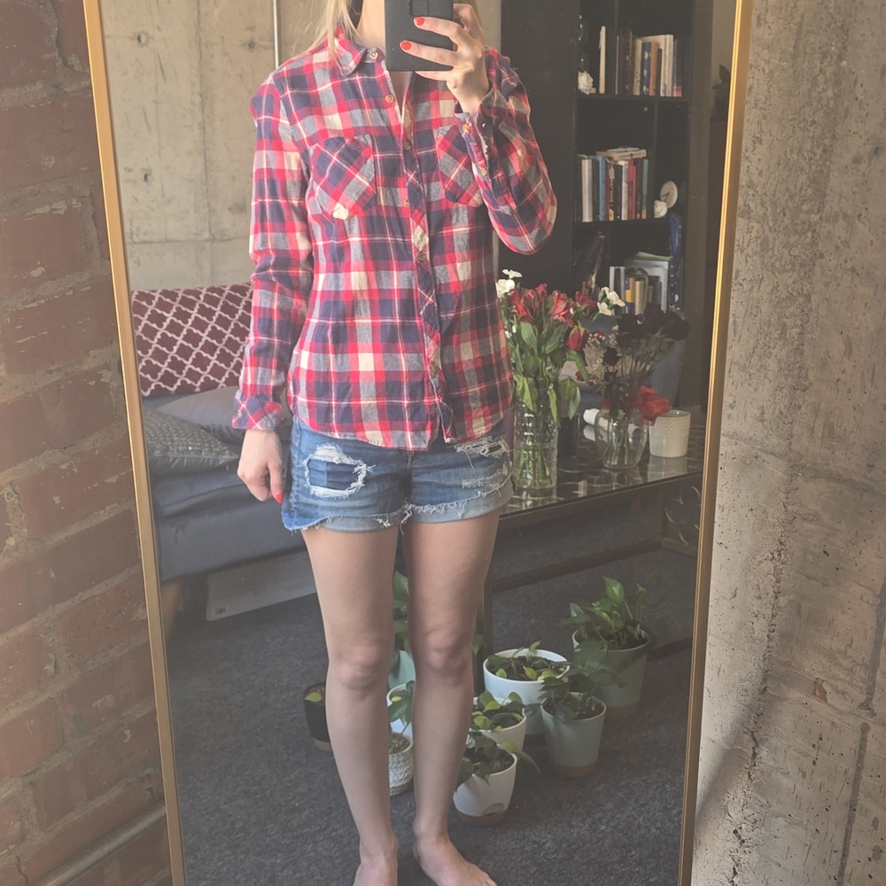 Classic Plaid Button-Down Shirt in Red and Blue